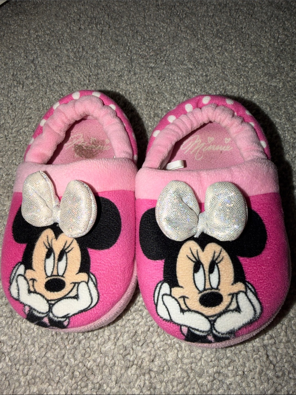 Disney Pink Minnie Mouse Plush Slippers with Sparkle Bows